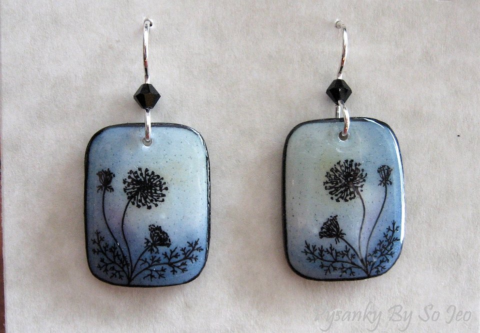 Blue & Black Queen Anne's Lace Earrings Pysanky By So Jeo